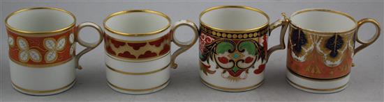 Five Worcester gilt and polychrome porcelain coffee cans and a saucer, c.1800-1820, coffee can 6.3cm, saucer 14.7cm